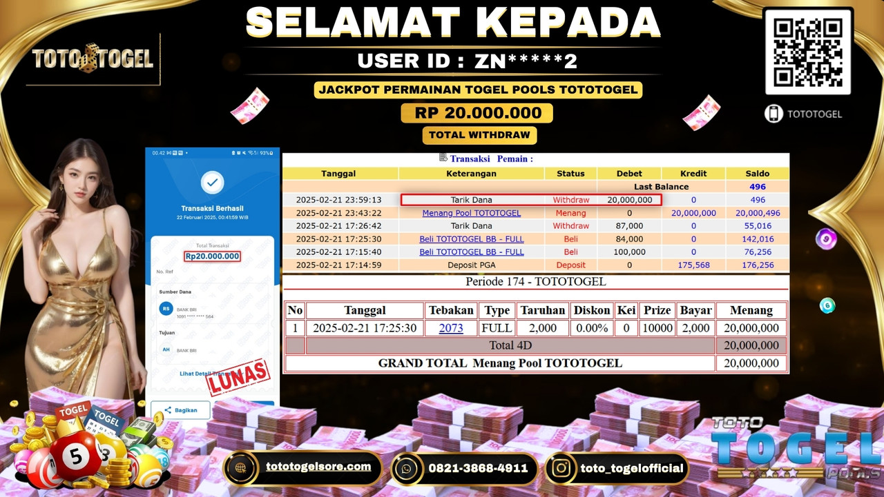Bukti Pembayaran Jackpot  Permainan Togel Pools Tototogel  ID:ZN****2 LUNAS