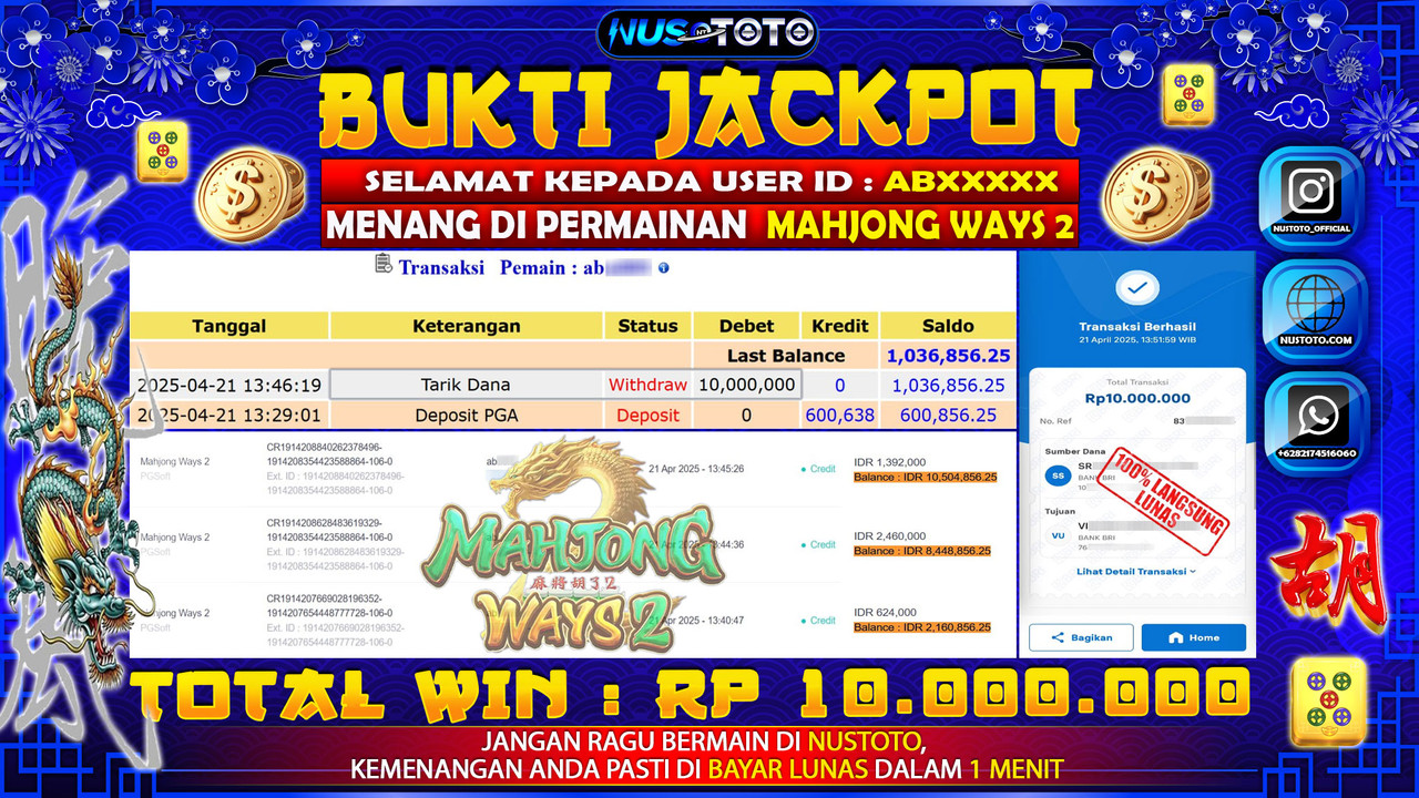 JACKPOT !! MENANG BESAR DI MAHJONG WAYS 2 Rp. 10.000.000 LANGSUNG DI BAYAR LUNAS NUSTOTO !!