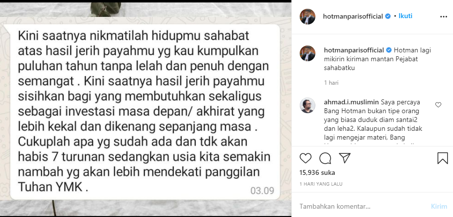 Hotman Paris unggah isi pesan dari sahabatnya