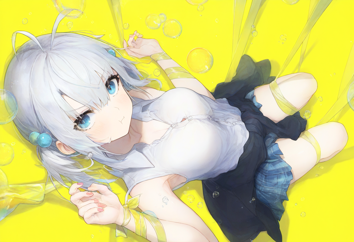 1girl, watercolor (medium), {yellow background}, from above, pale skin, blue eye s-420112431