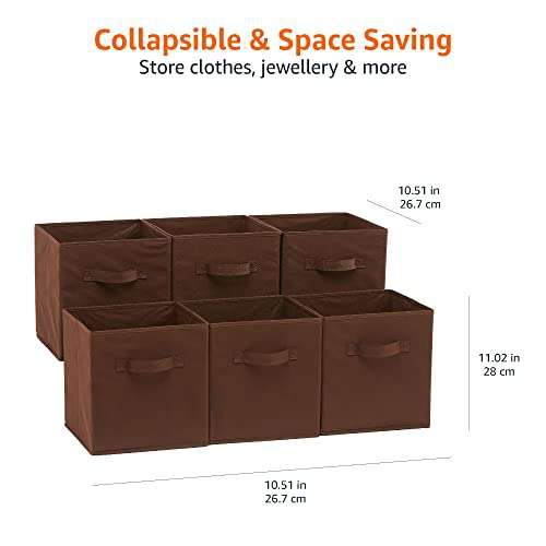 Amazon Basics - Cubos de almacenamiento plegables de tela con asas - Paquete de 6 - Color Marron 
