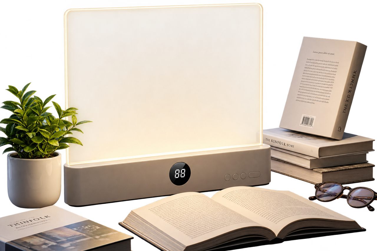 Lámpara LED de lectura recargable encendida sobre un libro abierto