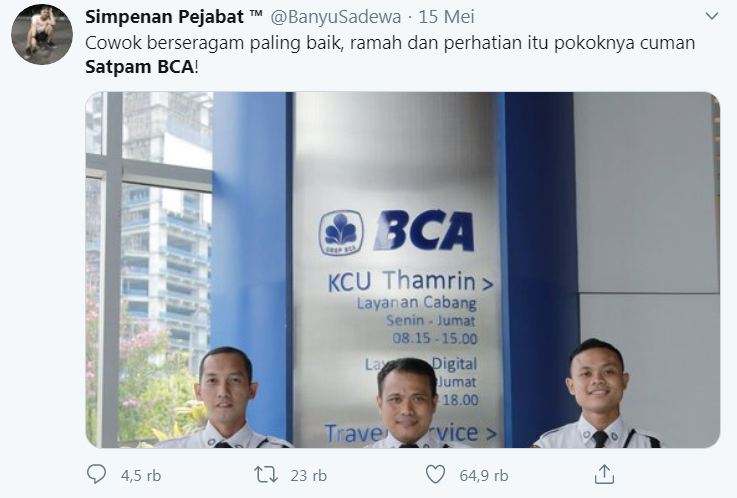Cuitan akun Twitter @BanyuSadewa soal keramahan satpam BCA