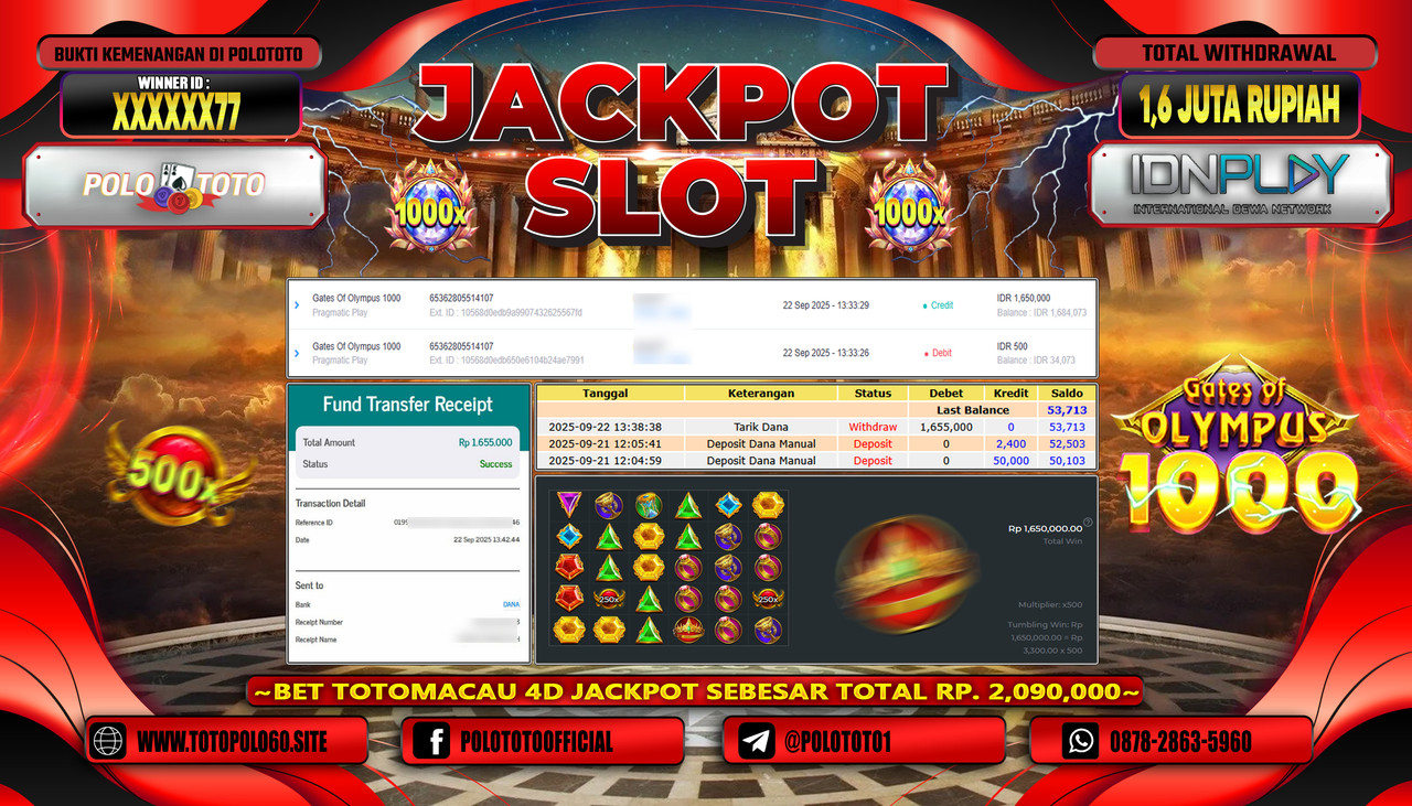 POLOTOTO JACKPOT SLOT GATES OF OLYMPUS 1000 Rp.1.600.000,- LUNAS