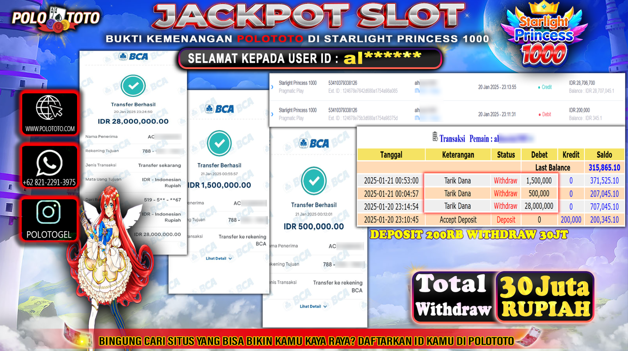POLOTOTO JACKPOT SLOT STARLIGHT PRINCESS 1000 Rp.30,000.000,-