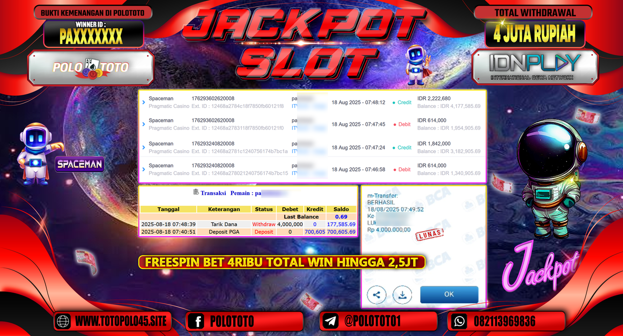 POLOTOTO JACKPOT SLOT SPACEMAN Rp.4.000.000,-