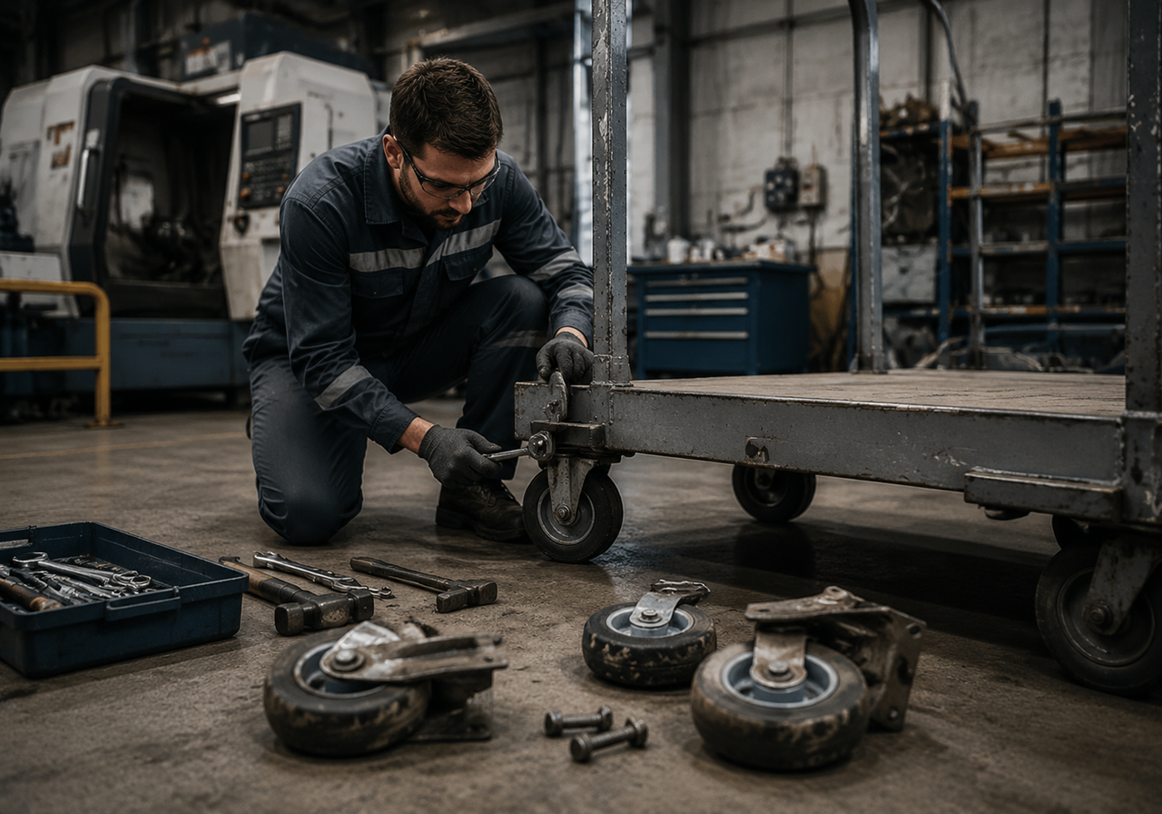 Worker replacing an industrial caster wheel during equipment maintenance