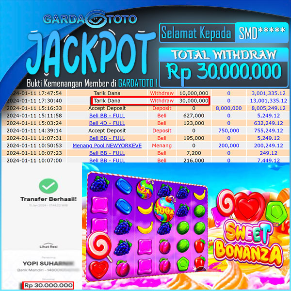 JACKPOT SLOT MAIN DI SLOT SWEET BONANZA WD Rp 30.000.000,- DIBAYAR LUNAS