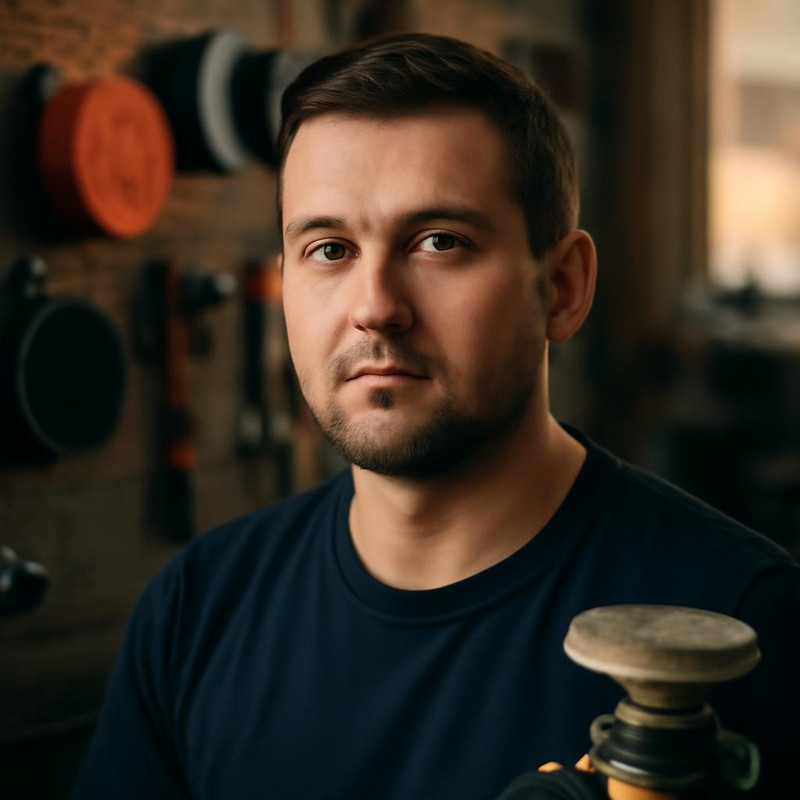 Дмитрий Соколов — портрет автора статьи, фото в мастерской с инструментами для полировки авто