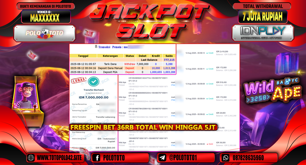 POLOTOTO JACKPOT SLOT WILD APE Rp.7.000.000,-LUNAS