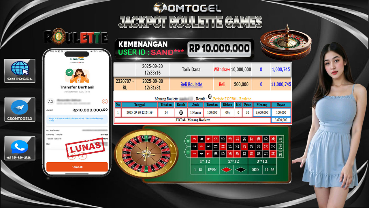 OMTOGEL JACKPOT LIVE GAMES ROULETTE 10 JUTA DI BAYAR LUNAS ,-