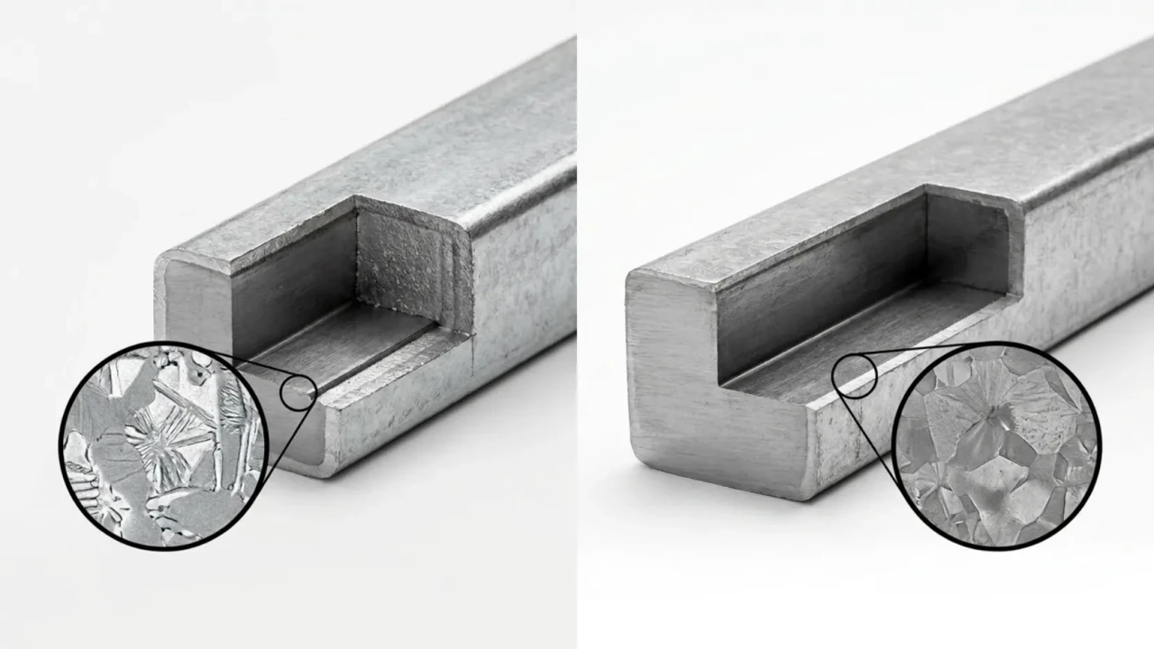 Cross-section comparison of Galvalume and galvanized steel coatings showing the aluminum-zinc layer versus the pure zinc layer