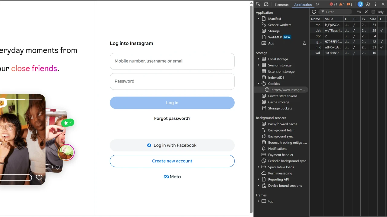 Список cookies Instagram в DevTools