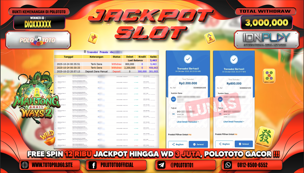 POLOTOTO JACKPOT SLOT MAHJONG WAYS 2 Rp.3.000.000,- LUNAS