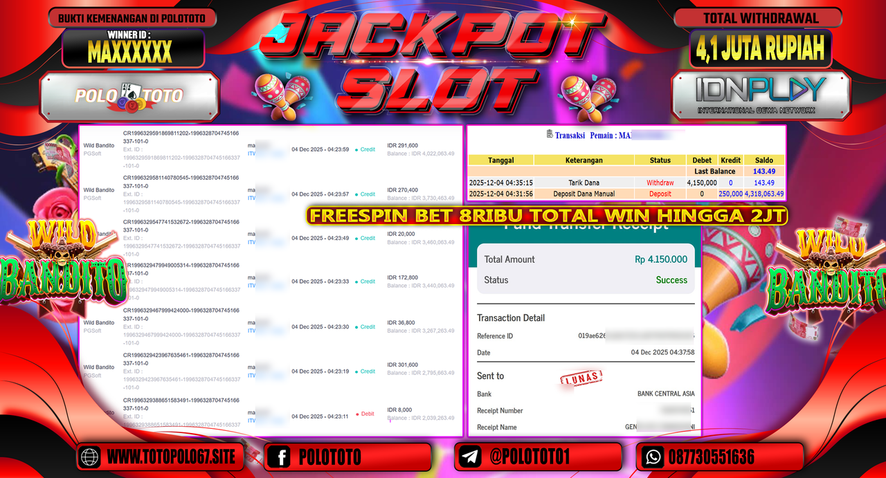 POLOTOTO JACKPOT SLOT WILD BANDITO Rp.4.100.000,- LUNAS