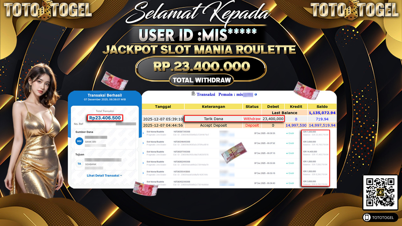Bukti Pembayaran Jackpot Permainan Pragmatic Live Slot Mania Roulette ID:MIS***** LUNAS
