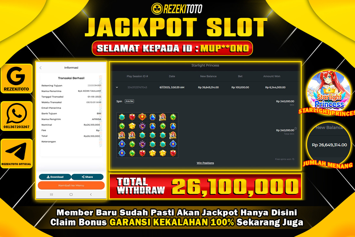 BUKTI KEMENANGAN 01 JUNI 2025 STARLIGHT PRINCESS WD 26 JUTA 