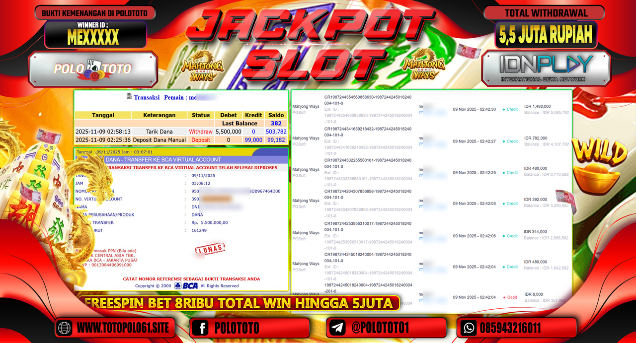 POLOTOTO JACKPOT SLOT MAHJONG WAYS Rp.5.500.000,- LUNAS
