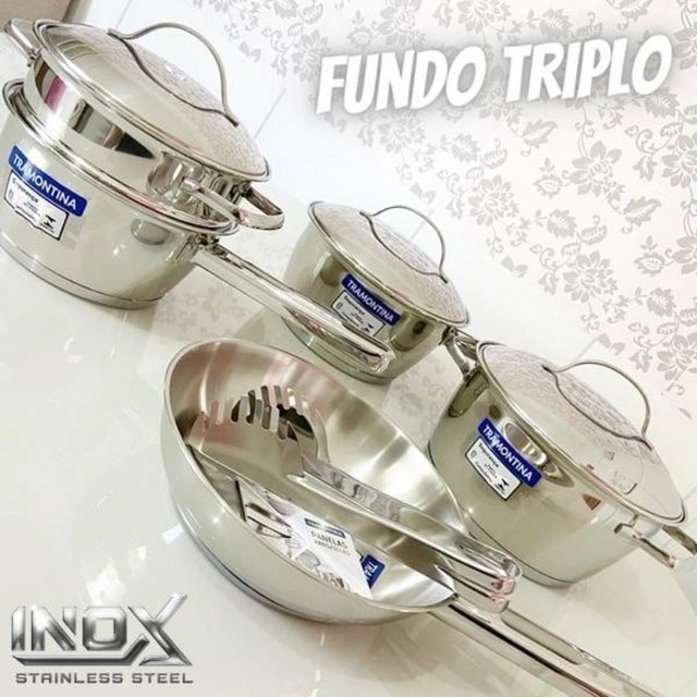 Jogo de Panelas Tramontina Aço Inox Allegra 5 Peças Fundo Triplo + Pegador de Massa