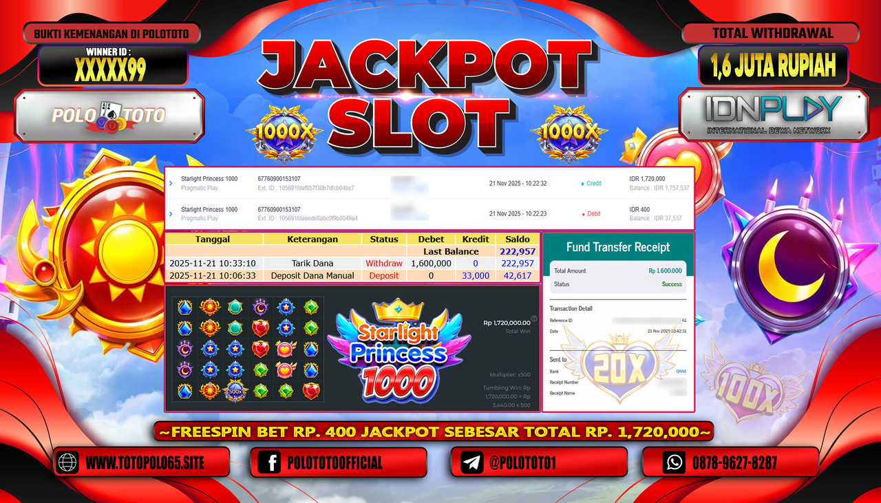 POLOTOTO JACKPOT SLOT STARLIGHT PRINCESS 1000 Rp.1.600.000,- LUNAS