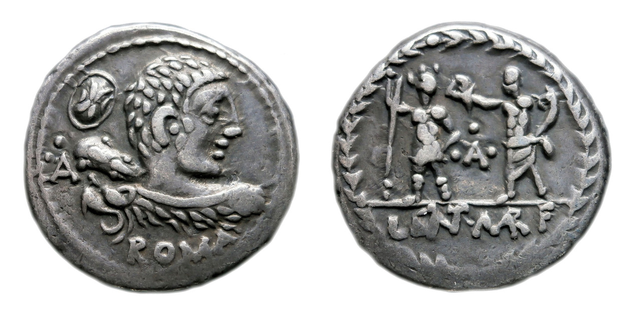 Denario gens Cornelia. LENT. MAR. F. Roma coronada por genio del pueblo. Roma. Marcellinus