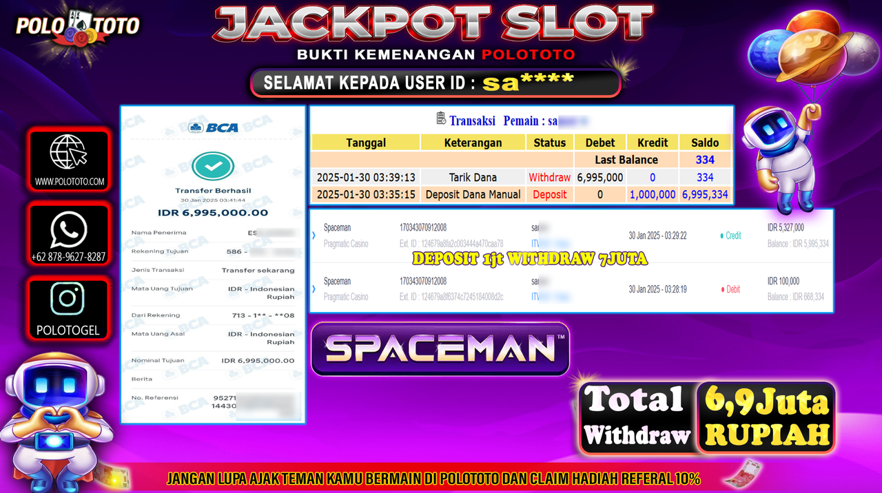 POLOTOTO JACKPOT SLOT SPACEMAN Rp.6,995.000,-