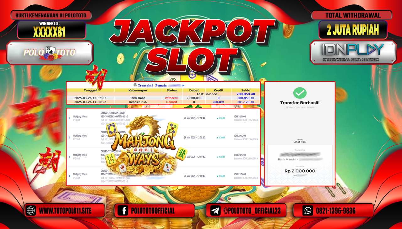 POLOTOTO JACKPOT SLOT MAHJONG WAYS Rp.2.000.000,- 