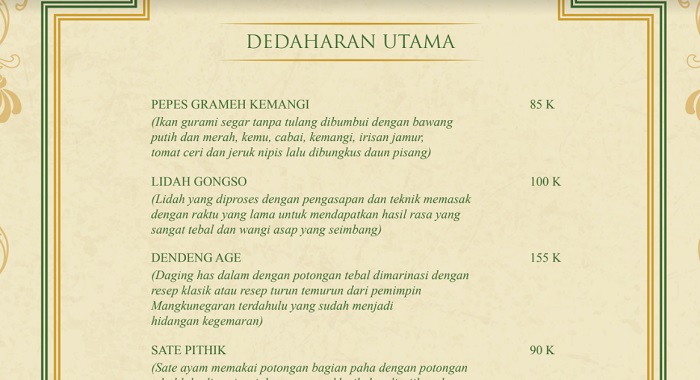 Daftar menu di Pracimasana, sebuah bistro modern yang mengusung kuliner Mangkunegaran.