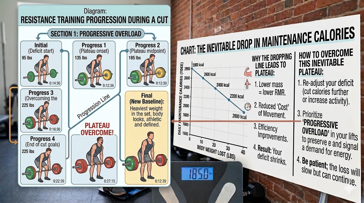 Person progressively increasing weight on barbell during cut for why your weight plateaus during a cut and how to fix it