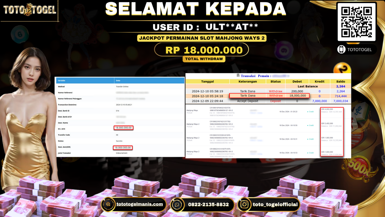 Bukti Pembayaran Jackpot Permainan Slot Mahjong Ways 2 ID: ULT**AT** LUNAS