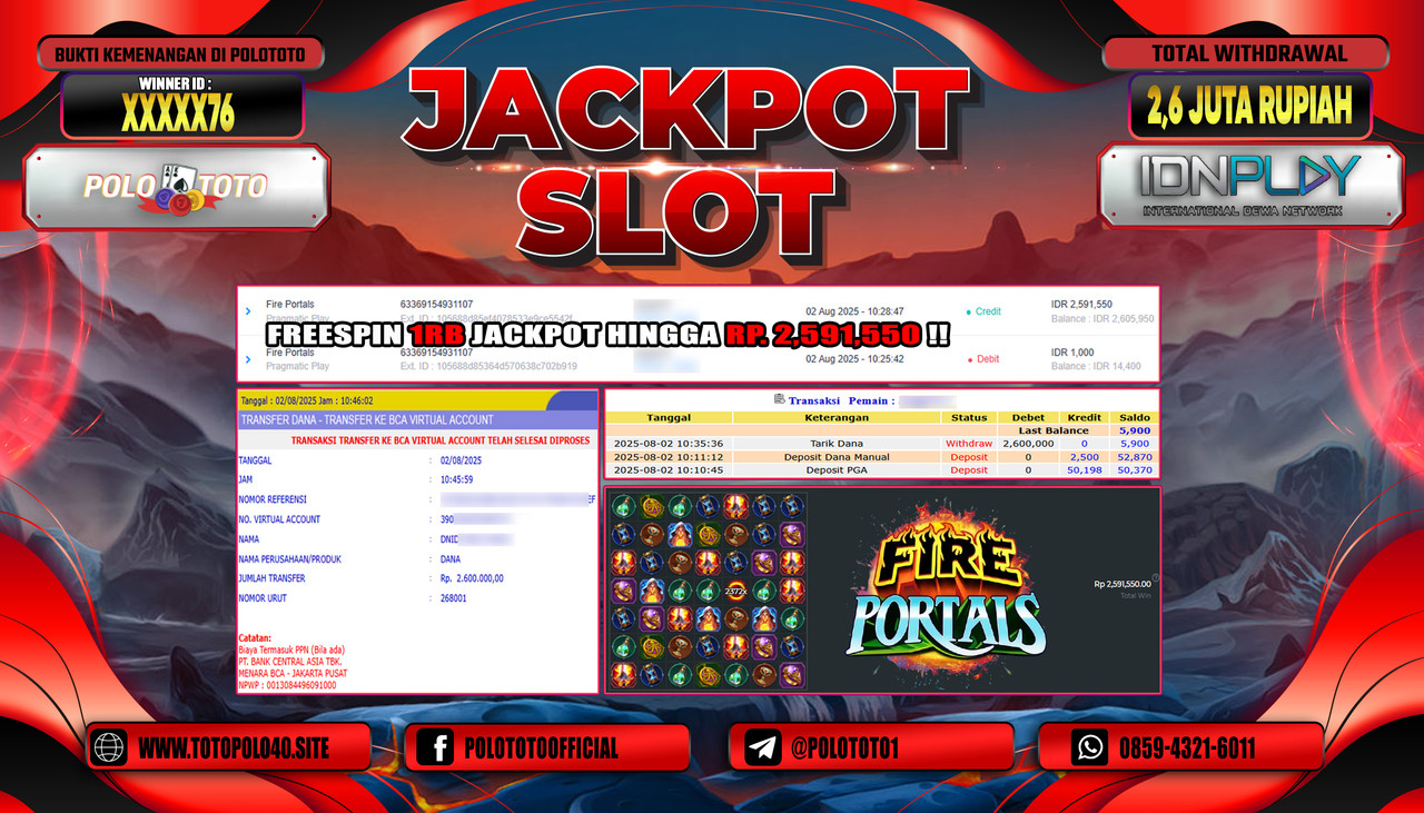 POLOTOTO JACKPOT SLOT FIRE PORTALS Rp.2.600.000,-LUNAS