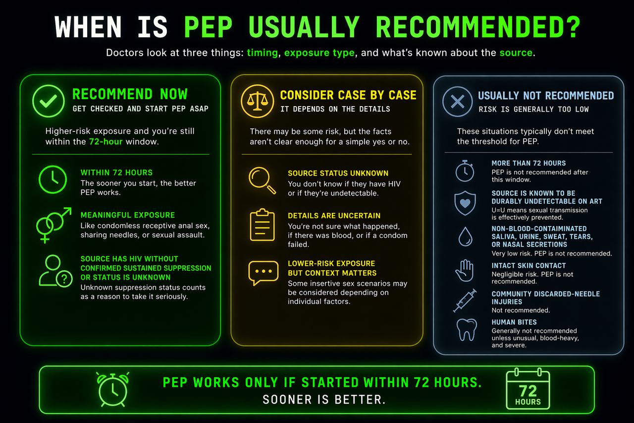 Infographic showing three PEP decision lanes: recommend now, consider case by case, and usually not recommended, with emphasis on the 72-hour window, exposure type, and source status.