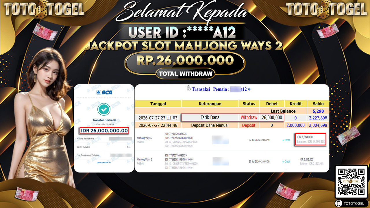 Bukti Pembayaran Jackpot SLOT MAHJONG WAYS 2  ID:**** A12 LUNAS