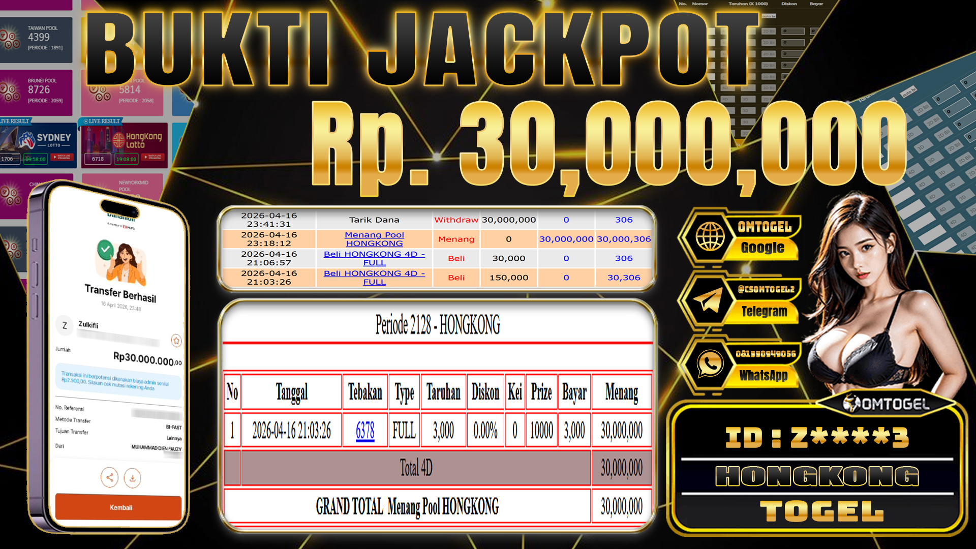 OMTOGEL JACKPOT TOGEL HONGKONG LOTTO 4D , 30 JUTA DI BAYAR LUNAS ,-