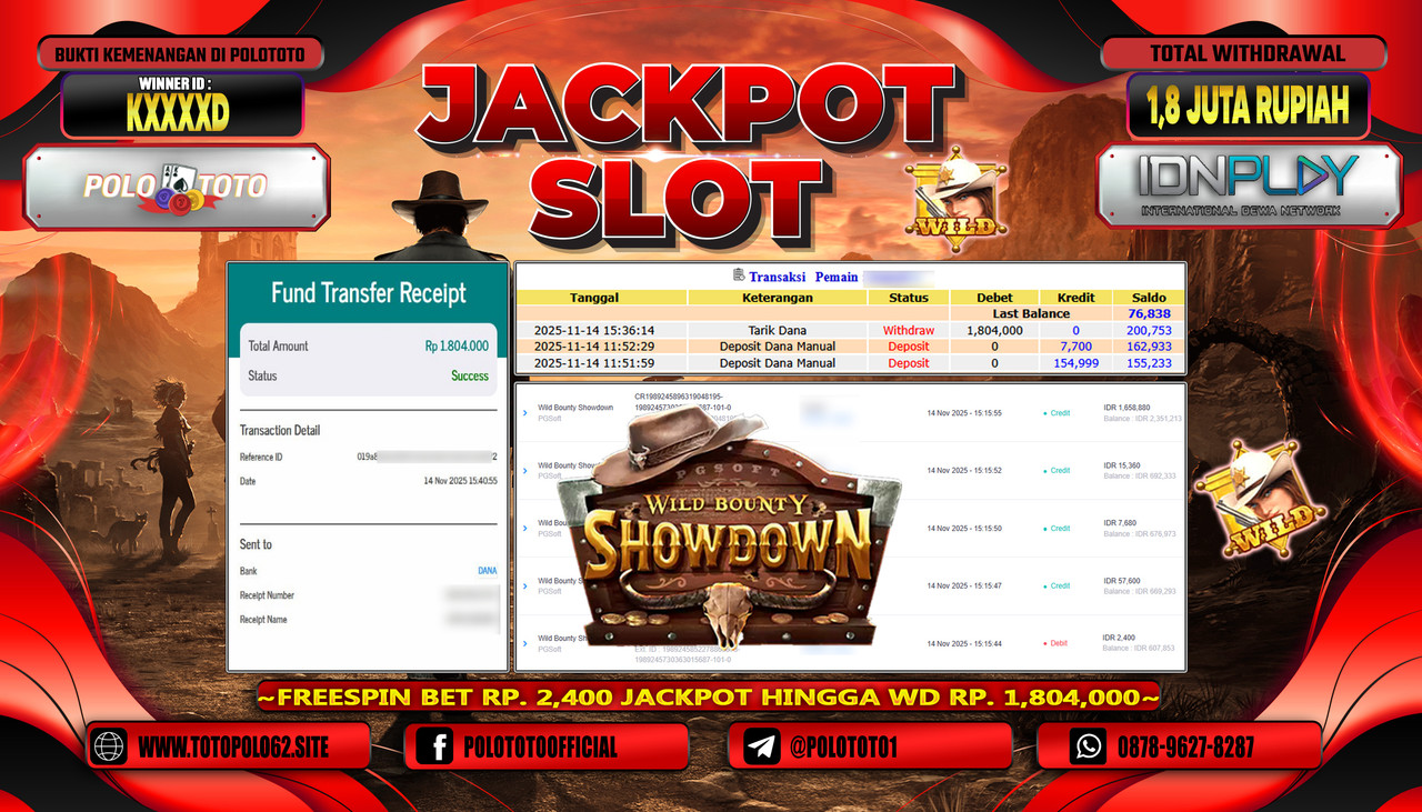 POLOTOTO JACKPOT SLOT WILD BOUNTY SHOWDOWN Rp.1.800.000,- LUNAS