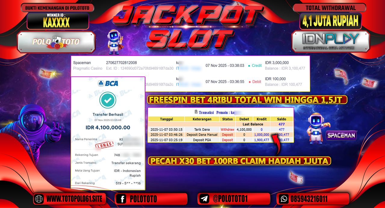 POLOTOTO JACKPOT SLOT SPACEMAN Rp.4.100.000,- LUNAS