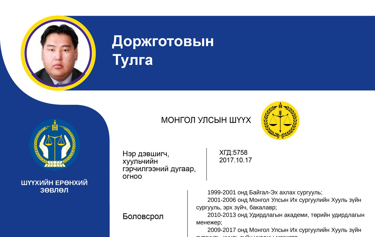 Эрүүгийн хэргийг харьяалан шийдвэрлэх анхан шатны шүүхийн шүүгчид нэр дэвшигч Д.Тулгийн мэргэжлийн үйл ажиллагааны танилцуулга