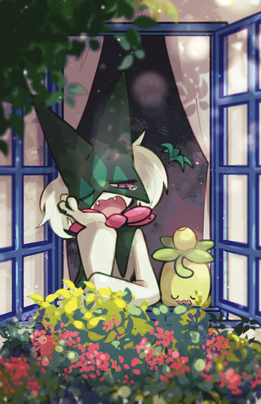 meowscarada-and-smoliv-pokemon-drawn-by-