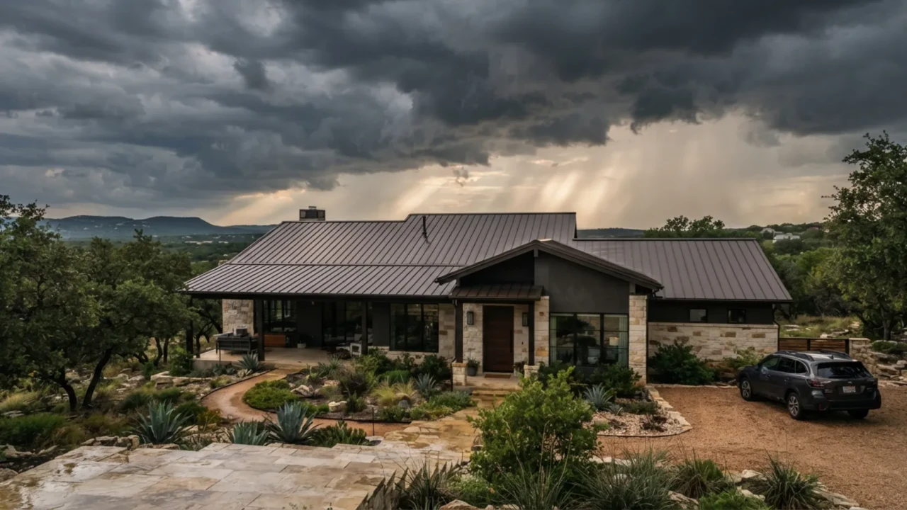 Standing seam metal roof on San Antonio home with storm clouds in background showing wind resistance