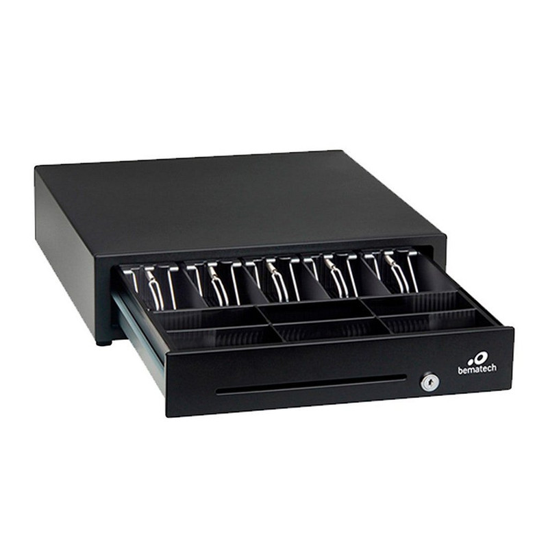 Gaveta Bematech aberta mostrando divisórias