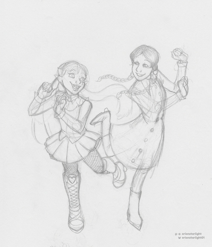 My unfinished line-art drawing of Draculaura and Wednesday dancing. Nothing is colored yet and some parts of the drawing aren’t finished.