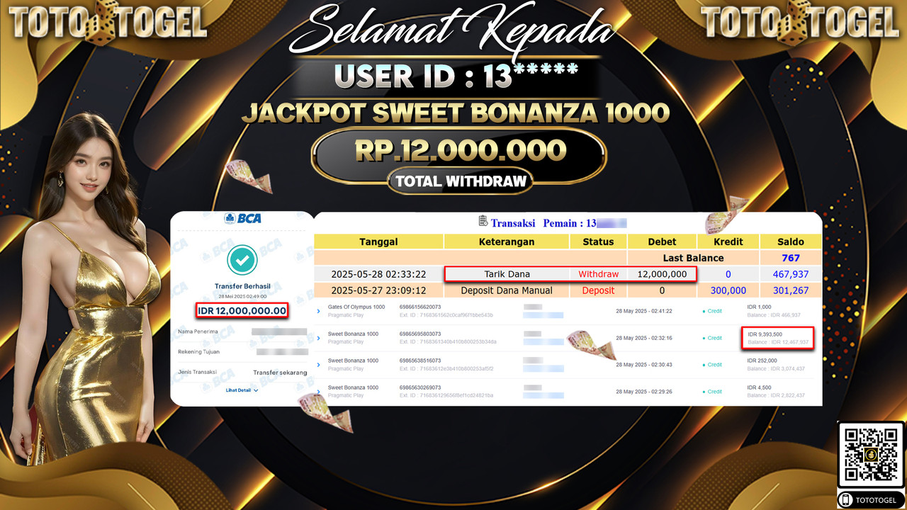 Bukti Pembayaran Jackpot Permainan Slot Sweet Bonanza 1000 ID:13***** LUNAS