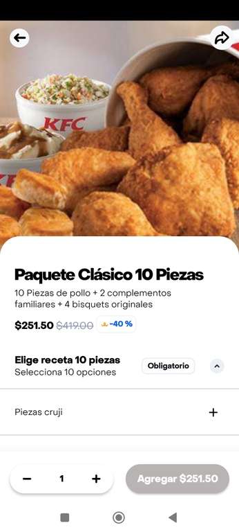 Rappi: KFC PAQUETE CLÁSICO 10 PZ 
