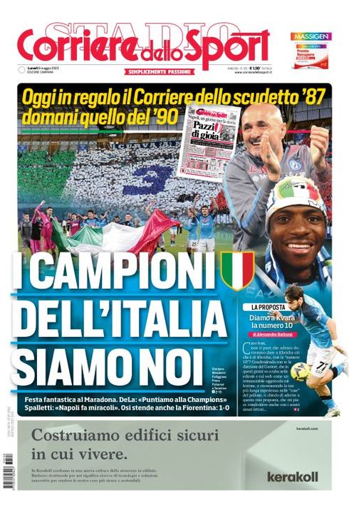 PRIMA PAGINA - Corriere dello Sport, ed. Campania: "I Campioni dell'Italia  siamo noi"