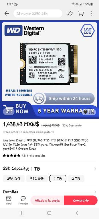 AliExpress: SSD para steam deck 1Tb con cupón Mercado pago 
