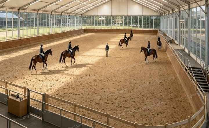 Equestrian tent exterior showcasing the gable-roofed structure