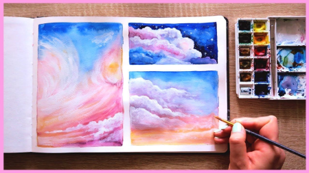 Cotton candy sky with silhouette painting using watercolors