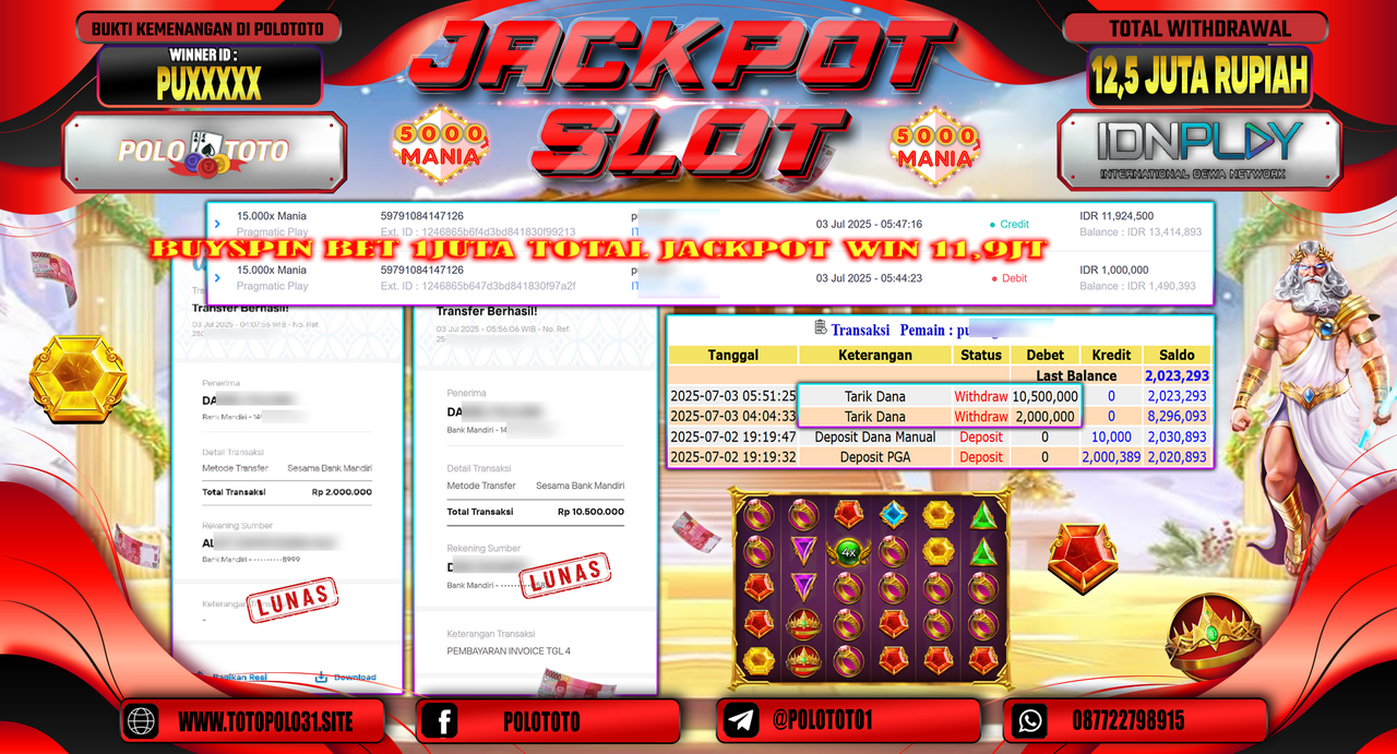 POLOTOTO JACKPOT SLOT 15.000X MANIA Rp.12.500.000,-