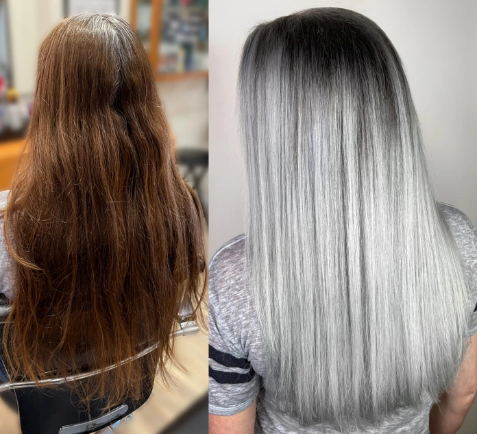 Gray red hair dyed silver blonde