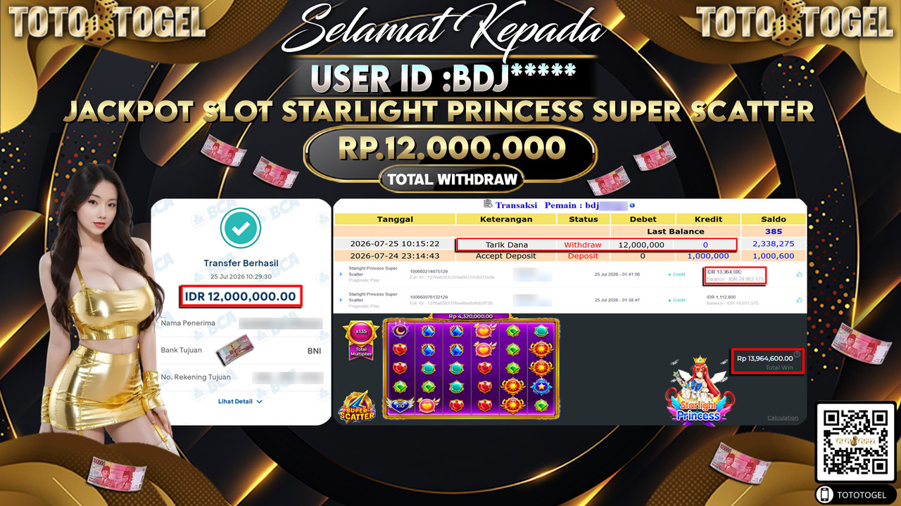 Bukti Pembayaran Jackpot SLOT STARLIGHT PRINCESS SUPER SCATTER ID:BDJ****LUNAS